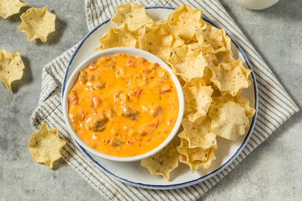 Overhead view of queso dip and chips